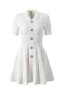 Knitted Solid Flip Collar Button Back Zipper Large hem Pleated Casual Women Dress