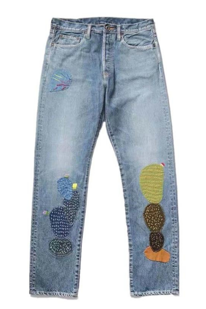 Retro Denim Boot Cut Pants Splice Fabric Wash Water Patch Embroidery Jeans for Men