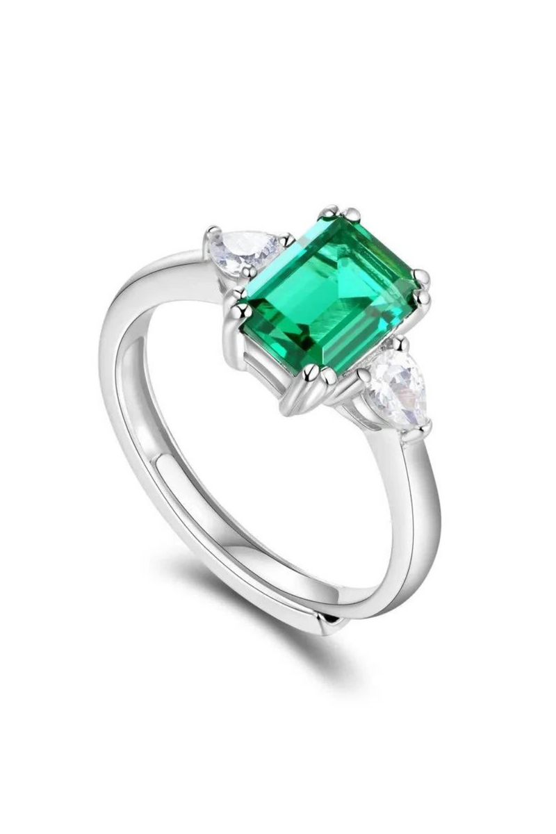 Sterling Silver Octagon Emerald Wedding Engagement Adjustable Ring Fine Jewelry