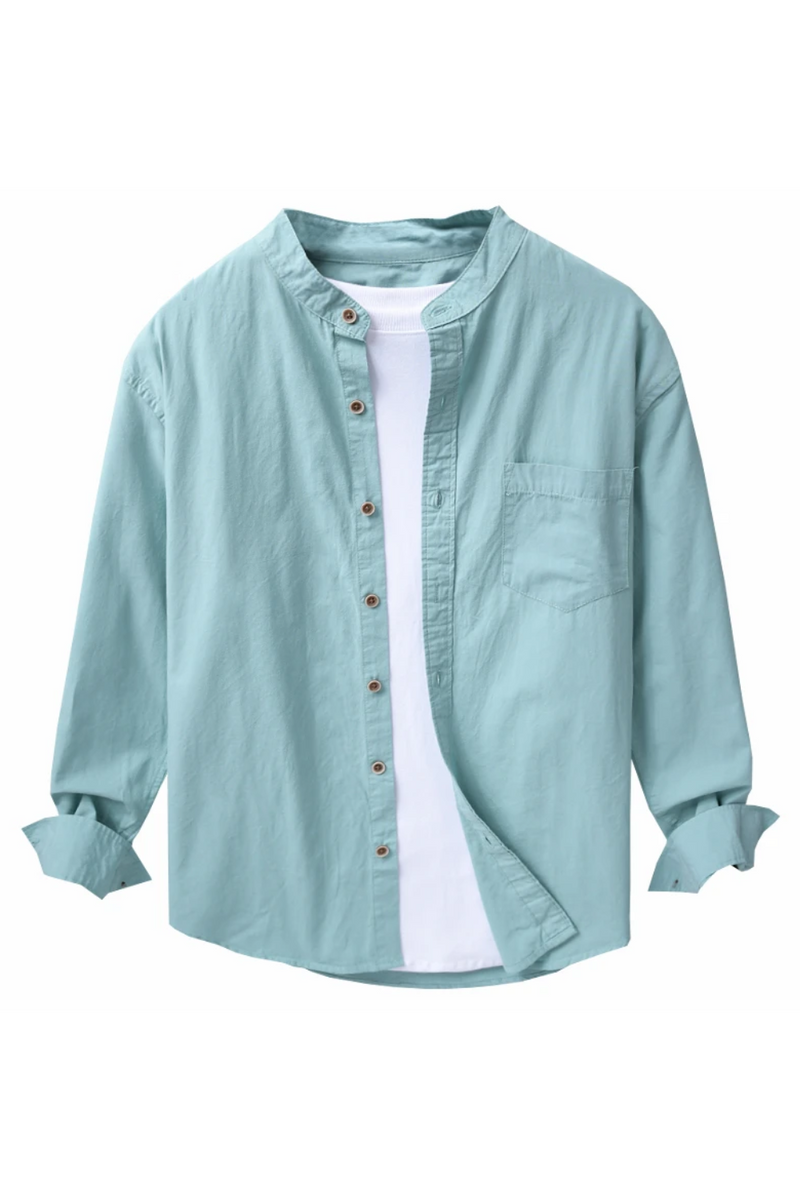 Spring Men Casual Loose Shirts Stand Collar Solid Simple Basic Comfortable Blouses