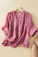 Summer Blouse Shirt Short Sleeve V-Neck Button Elegant Office Ladies Women Casual Loose Tops Elegant