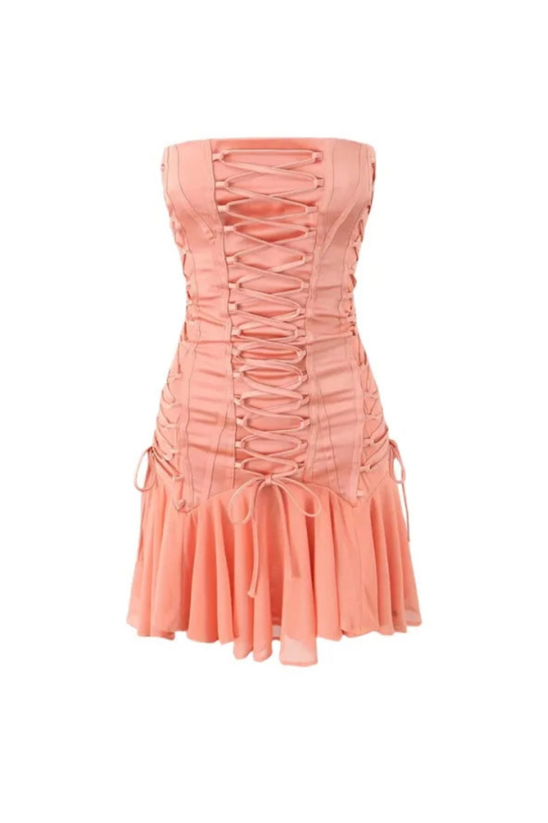 Women Off The Shoulder Lace Up Bandage Sirena Sorbet Satin Strapless Mini Dress