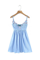 Women Lace Spliced Floral Blue Sling Mini Dress Backless Sleeveless Ladies