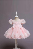 Flower Girl Dresses Pink With Bow Kid Wedding Party Gown Baby Girls Birthday Gowns