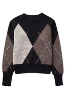 Women's Winter Round Neck Long Sleeve Loose Pullover Blocking Diamond Casual Sweater Women's Oversized Top