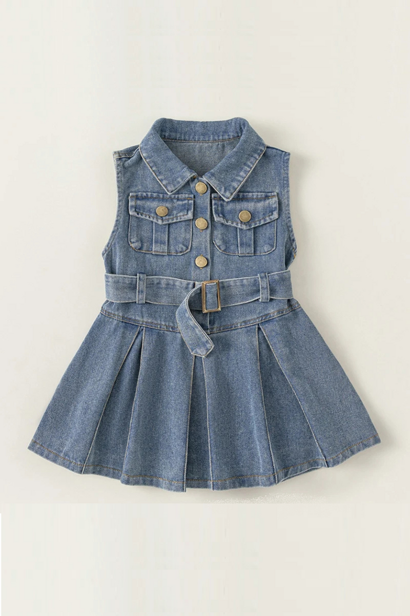 Summer Girls Boutique Clothes Denim Sleeveless Belt Blue Baby Dresses Little Princess Dress Kids Clothing