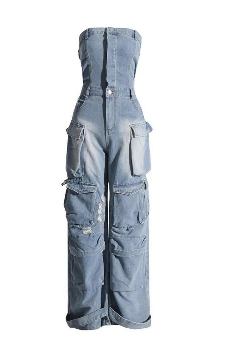 Women's Jumpsuit High Waist Strapless Pockets Solid Cargo Ripped Denim Pants Summer