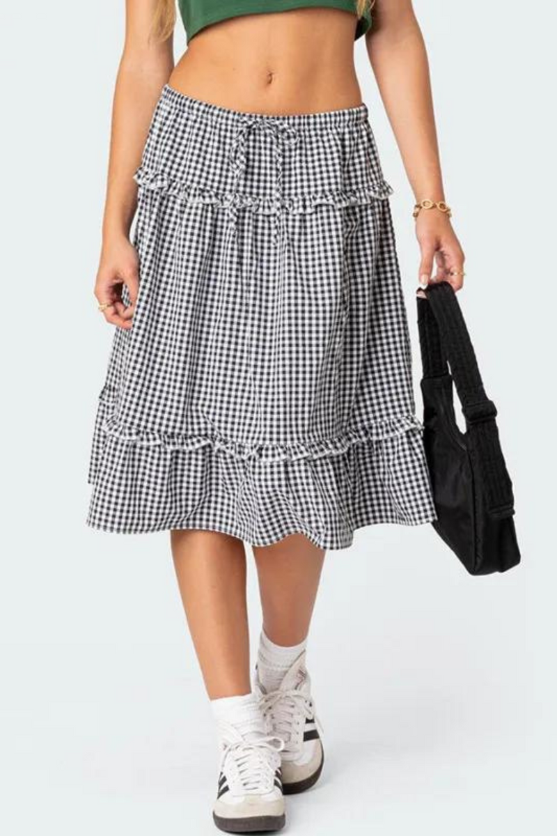 Holiday White Drawstring Low Waist Midi Skirt Women Side Zipper Ruched Swing Skirts Boho