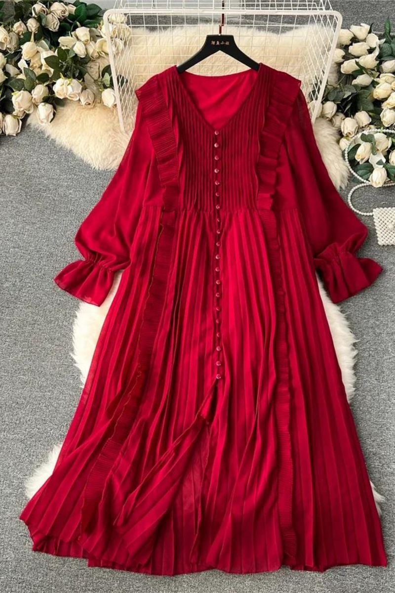 Spring Autumn Women Ruffle Draped Long Dress Vintage Elegant Loose Vacation Beach