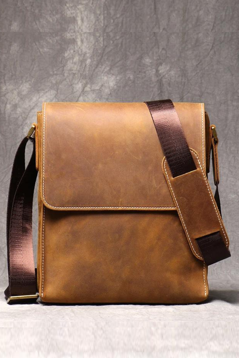 Leather Shoulder Bag Men's Bag Brown Crossbody Casual Magnetic Buckle Flap Shoulder Bags