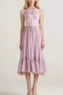 Purple Flower Tide Bow Halter Collar Backless Pleated Midi Long Dress Women Ruffles Hem Swing Party Robe