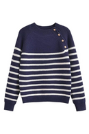 Vintage Women Navy Blue Striped Button Sweater Long Sleeve Round Neck Female Autumn Winter Pullover Tops