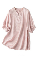 Women Solid Blouses Jacquard Puff Sleeved Straight Shirts Summer Casual Top