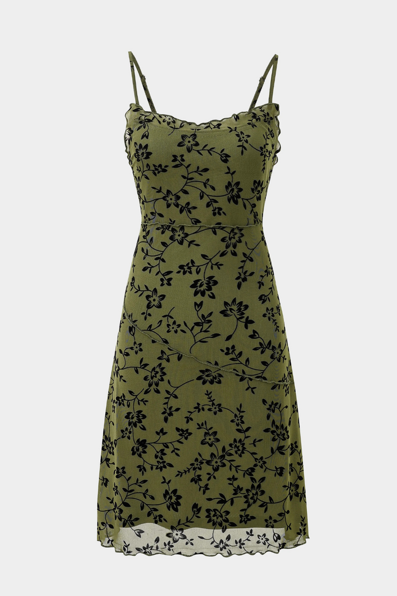 Women Summer Slim Fit Flower Flocking Suspender Sleeveless Ruffle Dress