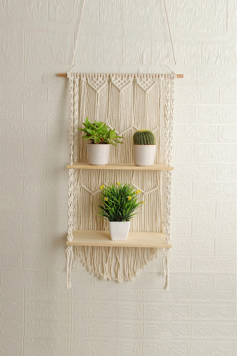 Hand-Woven Macrame Tapestry Rack Wooden 2 Shelves Wall Hanging For Bohemian Decoration Boho Decor Ornament