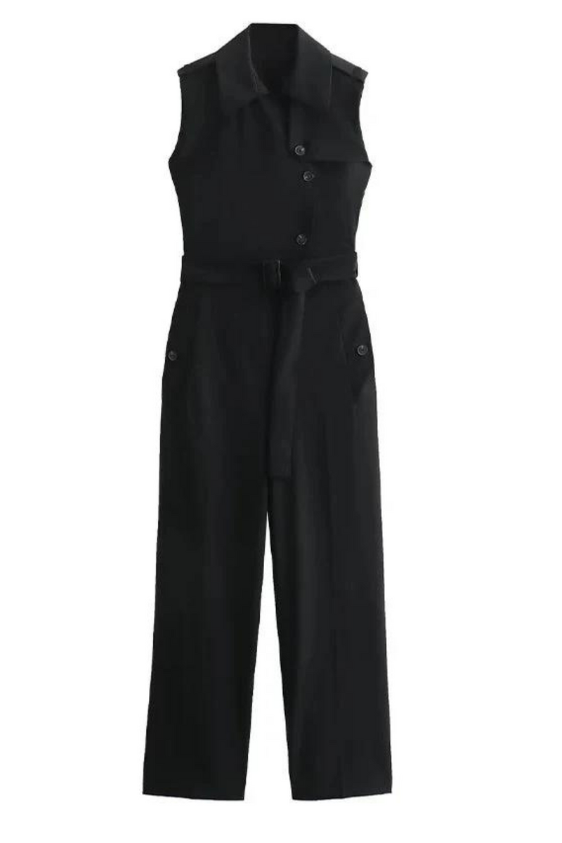 Spring Jumpsuit Woman Trendy Solid Turn-Down Collar Sleeveless Belt Decoration Single Breasted