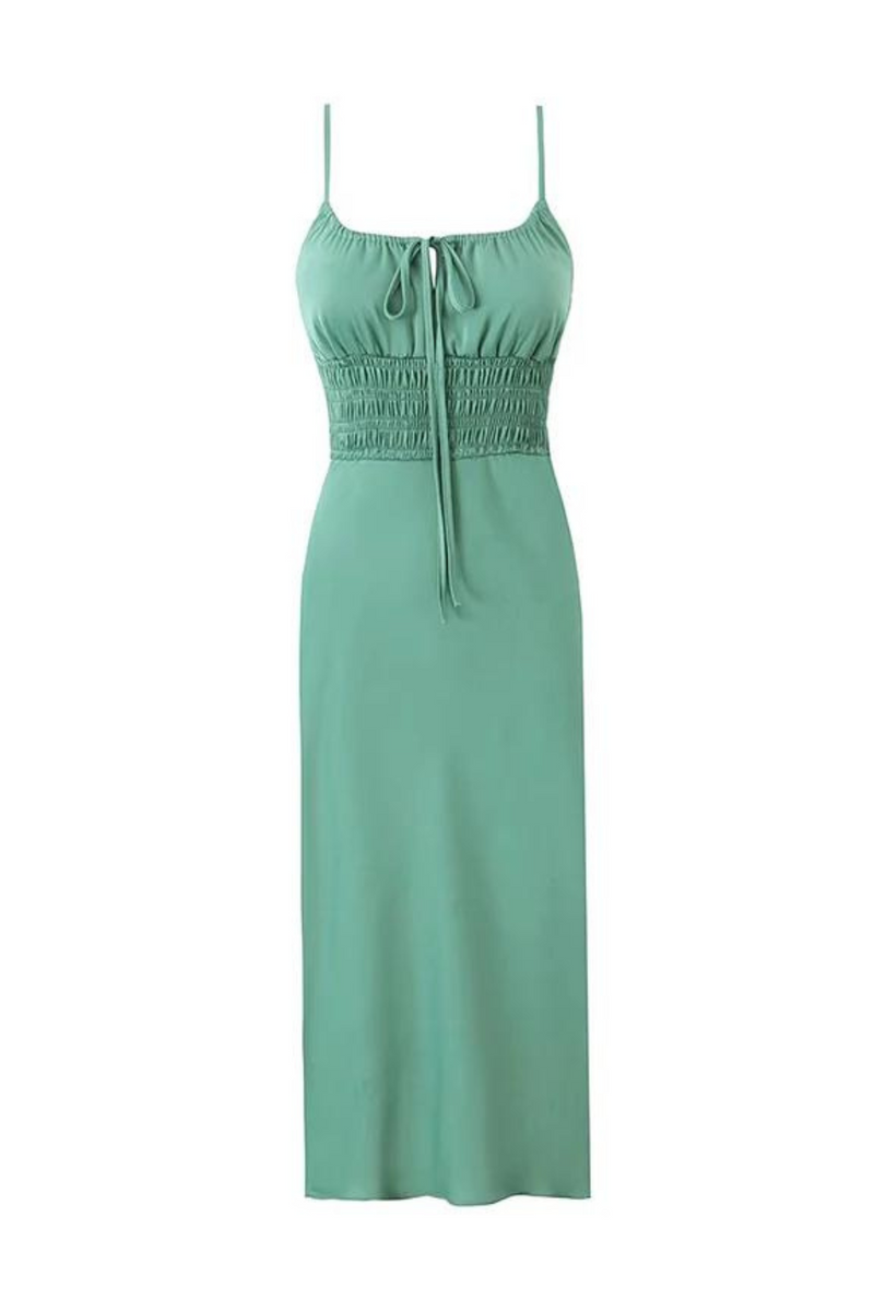 Women Green Spaghetti Strap Midi Dress Vintage Elastic Waist Female Summer Dresses