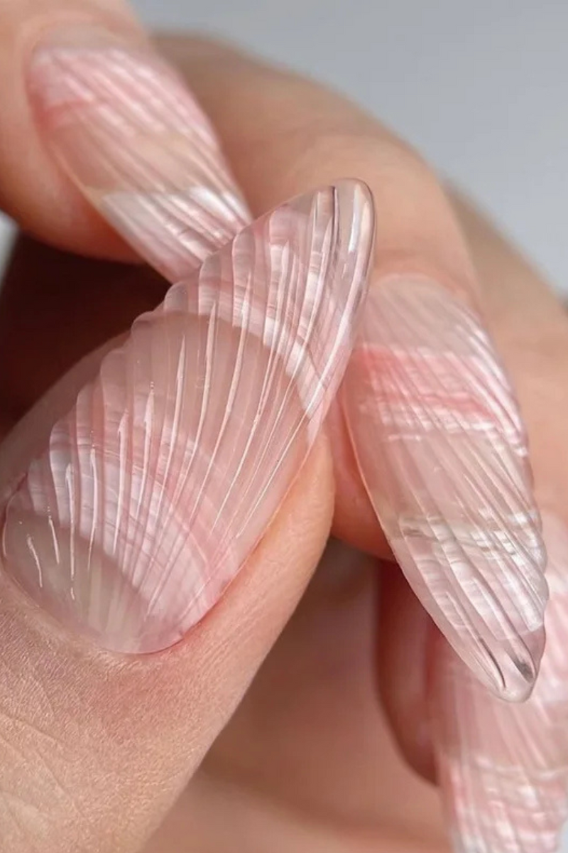 24pcs Pink Nail Shell Almond False Nail Patch Full Cover Wearable Press on Nails