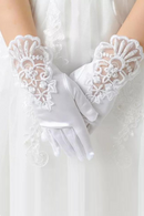 Kids Gift White Elastic Mesh Cloth Girls Party Formal Etiquette Gloves Pearl Short Lace Bow Children Princess Dance Gloves