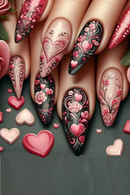 Romantic Floral Press on Nails with Love Design Nails for Women Valentine’s Day Wear Tips