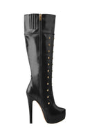 Women Platform Boots  Round Toe Zipper Knee High High Heel Rivet Handmade Boots