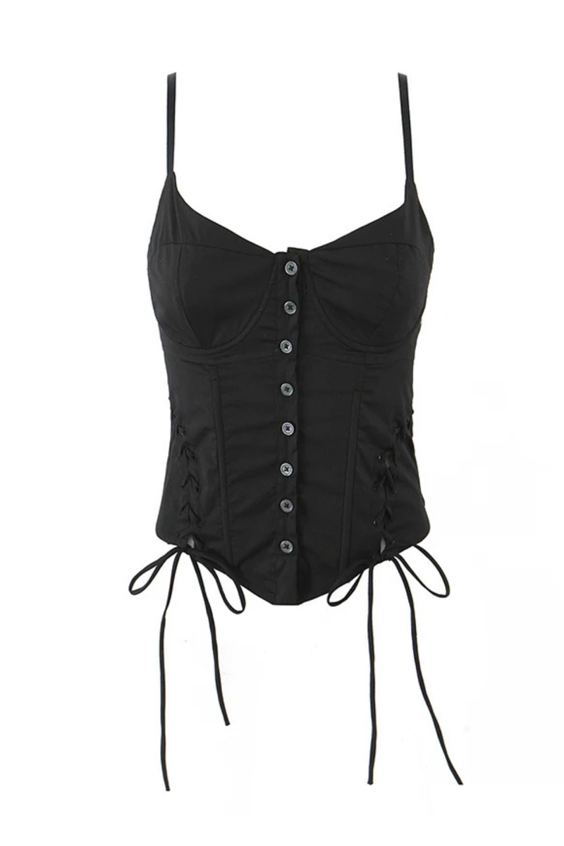 Girl Front Hollow Out Black Summer Cross Lacing Up Bow Bandage Waist Crop Tank Tops