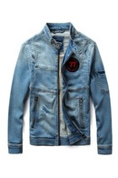 Men Jean Jacket Motorcycle Vintage Stand Collar Denim Jacket