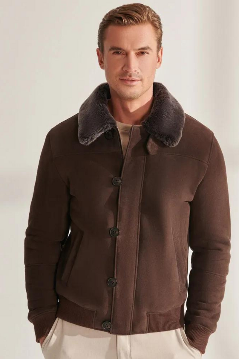 Men's Brown Shearling Jacket Men Shearling Bomber Jacket Short Coat