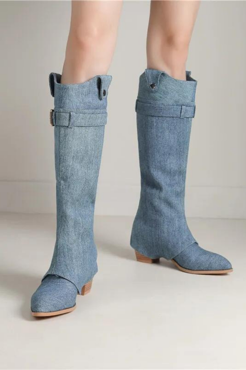 Ladies' Pointed Toe Denim Knee-High Boots – Slip-On with Square High Heels and Buckle, Top Sale