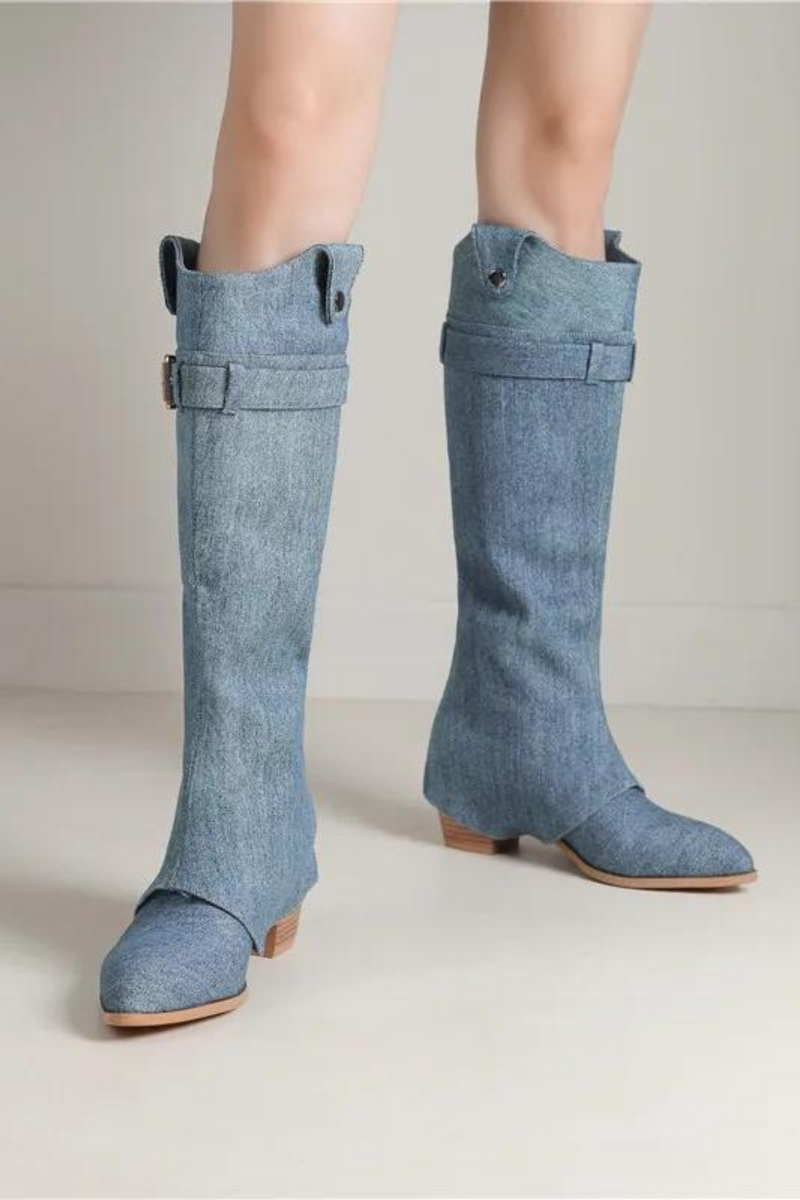 Pointed Toe Denim Slip On Winter Boots Square High Heels Buckle Boots Top Sale Ladies Pleated Knee High Boots