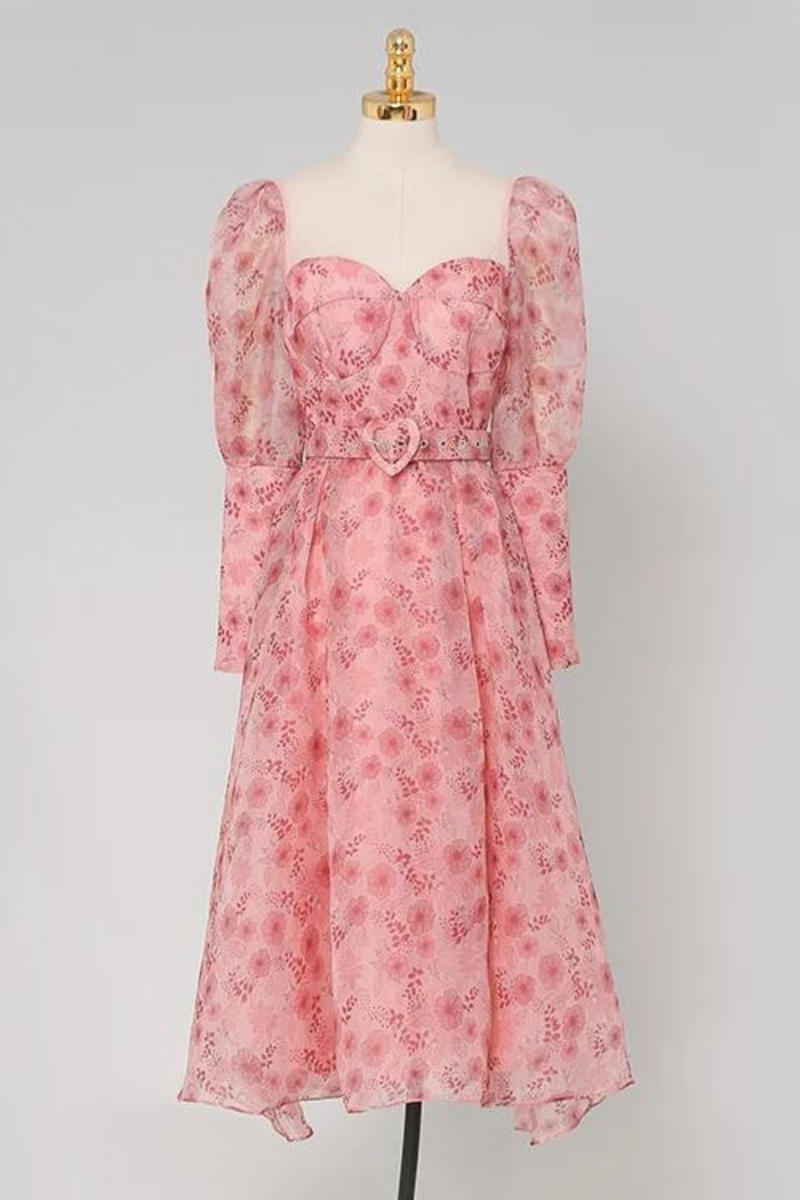 Heart Pink Pink Floral Birthday Party Dresses Long Lantern Sleeve Vintage Princess Tea Dress