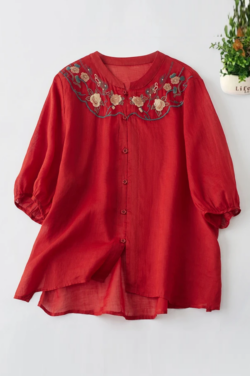 Spring Summer Cotton Linen Embroidery Blouse Shirt Button Elegant Office Ladies Women Casual Loose Tops Temperament