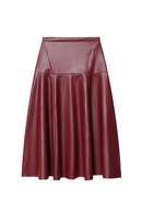 Women Autumn Winter Maroon A-line Midi Faux Leather Skirt