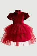 Children's Dress Wedding Standing Neck Girls Dress Red Velvet Children's Dress Christmas Clothing