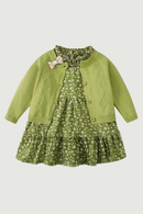 Baby Girls Clothes Set Kids Green Knitted Cardigan Vintage Floral Dress Children Autumn Knit Sweater Coat Princess Dresses