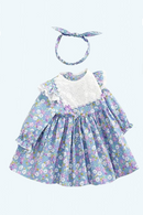 Autumn Princess Girls Boutique Dress Set Floral Full Elegant Lace Doll Collar Outfit Elastic Headband Cotton Wearing