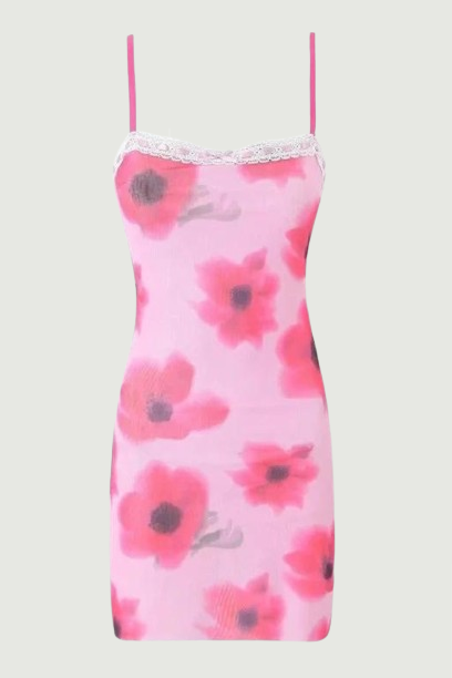 Lace Decoration Flower Women's Slash neck Sling Dress Stylish Retro Pink Slip Mini Dress Hot sweet