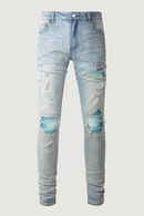 American Style High Street Light Blue Ripped Jeans Men's Pic Slim-fit Stretch Ripped Skinny Pants