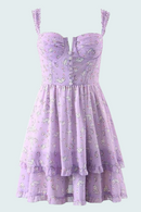 Spring French Vintage Sweet Sexy Floral Print Folds Ruffle Holiday Style Strap Dress For Women