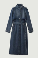 Women Long Jackets Denim Trench Autumn Belt Loose Lapel Double Breasted Jean Windbreaker Streetwear Jacket