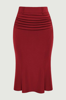 Women Vintage Mermaid Skirt With Belt Below Knee Ruched Bodycon Skirt High Waist Elegant