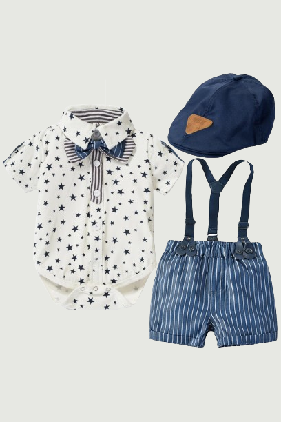 Baby Boys Romper Clothes Suit Formal Toddler Boys Clothes Stars Summer Gentleman Hat  Suspenders Shorts