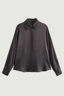 Autumn Women's Silky Texture Dark Brown Shirt Fly Single Breasted Long Sleeve Office Lady Blouses
