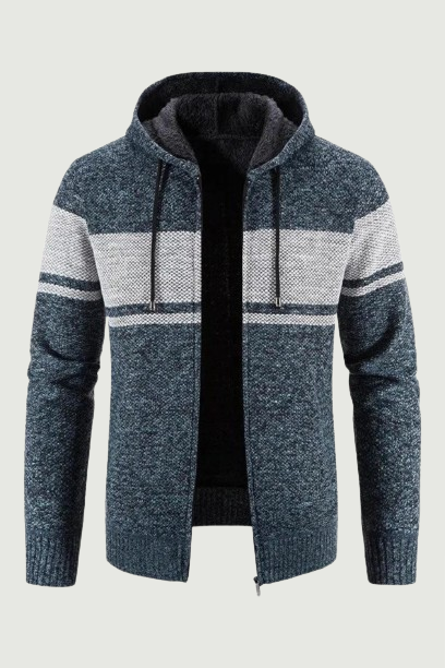 Men's  Knitted Sweater Jackets Autumn and Winter Men's Striped Hooded Fleece Thicken Keep Warm Cardigan Coats