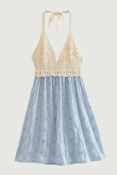 Women Summer Sweet Hollow Out Embroidery Mini Dress Sexy Slim Chic Halter Neck Super Short Dresses