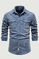 Men Denim Shirts Double Pocket Solid Casual Male Cowboy Shirts Autumn Slim Shirts for Men