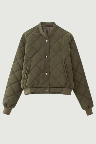 Vintage Quilted Cropped Bomber Jacket For Women Long Sleeve Single Breasted Autumn Outfits Female Army Green Outerwear