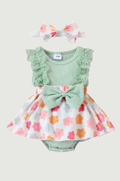Summer Newborn Baby Girl Outfit Sleeveless Flower Lace Patchwork Bodysuit Dress Bowknot Hairband Clothes