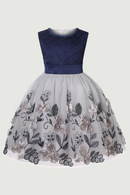 Blue Beading Collar Sequined Flower Tulle Ribbon Plaid Sleeveless Baby Girl Dress Girls Summer Clothes robe princesses