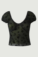 Women Rose Floral Mesh Crop Top Sexy Puff Sleeve Ladies Chic Summer Tops